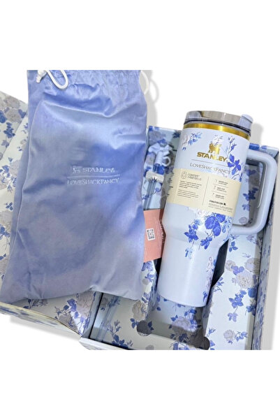 stanly mavi çiçek desenli pipetli termos