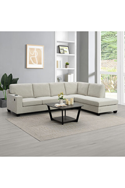 Home Box Simpson 4-Seater Right Corner Fabric Sofa w/USB Port- Beige