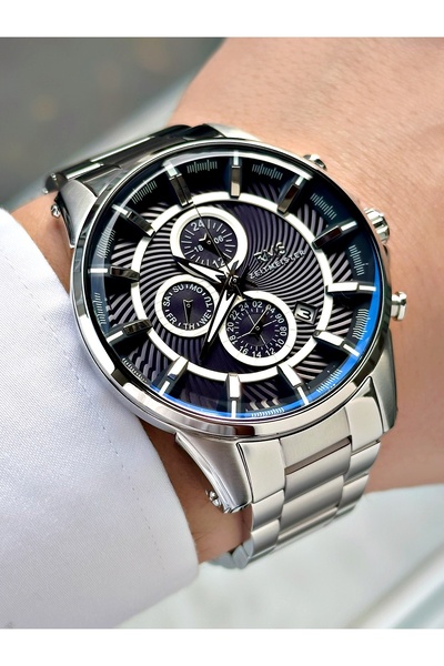 Romanson ساعة يد رجالية ذات وظيفة فضية-زرقاء داكنة اللون وسوار فولاذي وعلبة ف...