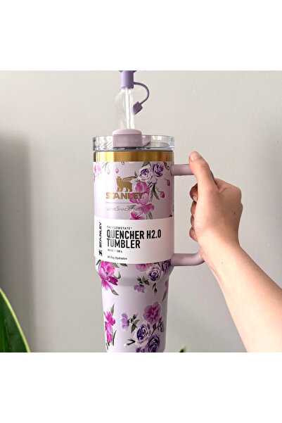 stanly mor Quencher çiçek desenli pipetli termos