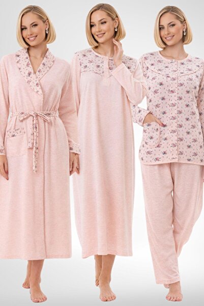 Mecit Pijama Mecit 6321 Pudra Büyük Beden Kadın Sabahlık Pijama Gecelik Set