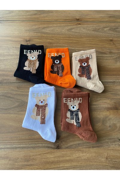 Nexa Doğaltaş Set of 5 Teddy Bear Teddy Bear Patterned Colorful Tennis Socks