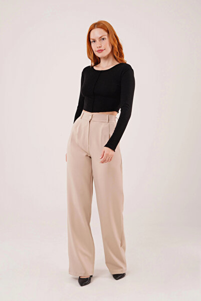 nedo7    Wide Leg Pleated Beige Trousers