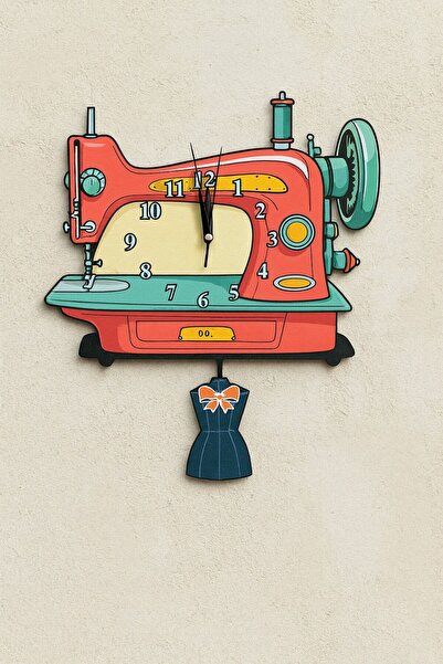 Ste Desing Retro Dikiş Makinesi Tasarımlı Dekoratif Sallanır Sarkaçlı Duvar S...