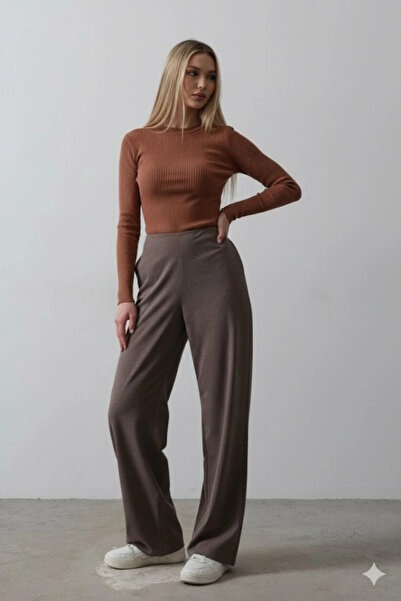 nedo7 Palazzo Trousers with Half Elastic Waist - Brown