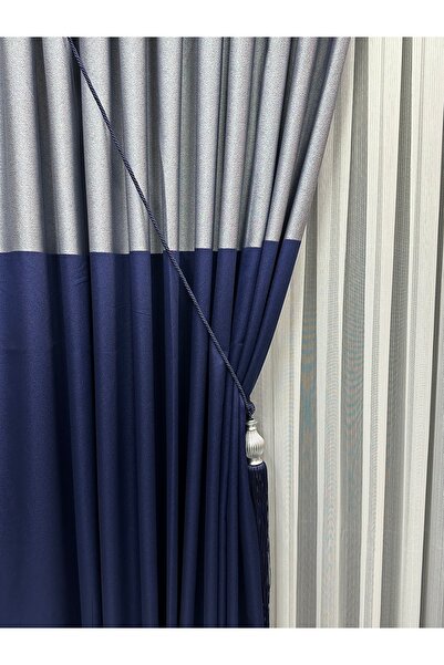 SEILL Panel Backdrop Curtain Satin Navy Blue & Light Gray 1/3 Regular Pleated...