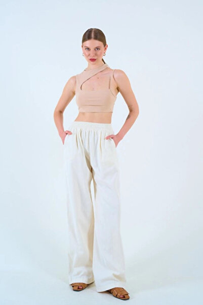 nedo7 Elastic Waist Palazo Trousers - Stone