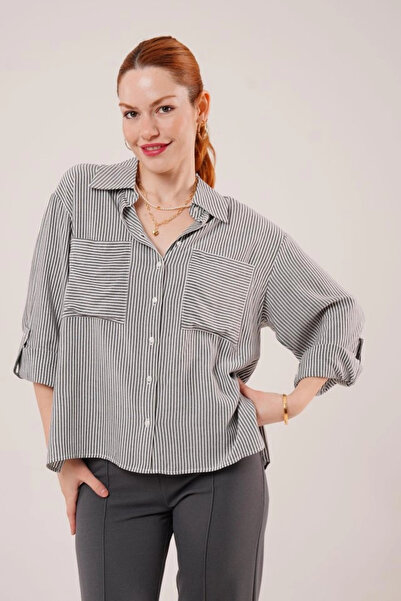 nedo7 Bat Sleeve Striped Gray Shirt with Pocket Detail