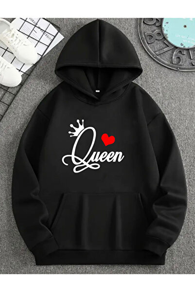 BG BASKI ATÖLYESİ Valentine's Day Queen Printed Gift Regular Hooded Sweatshirt