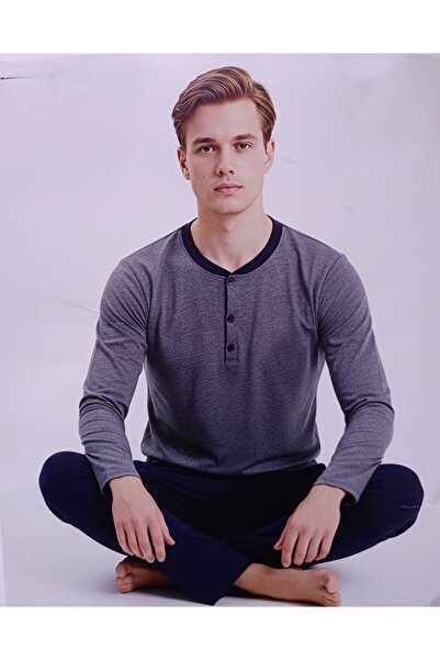 Sude Men's Gray Navy Blue Long Sleeve Combed Cotton Pajama Set