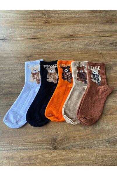 Nexa Doğaltaş Set of 5 Teddy Bear Teddy Bear Patterned Colorful Tennis Socks