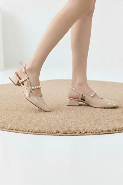 Weynes Women's Beige Bow and Bead Detailed Heeled Shoes Wsb3108