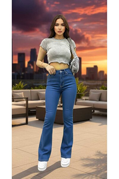 NWC Flared F Flare Jeans Jeans Trousers High Waist Medium Blue Lycra
