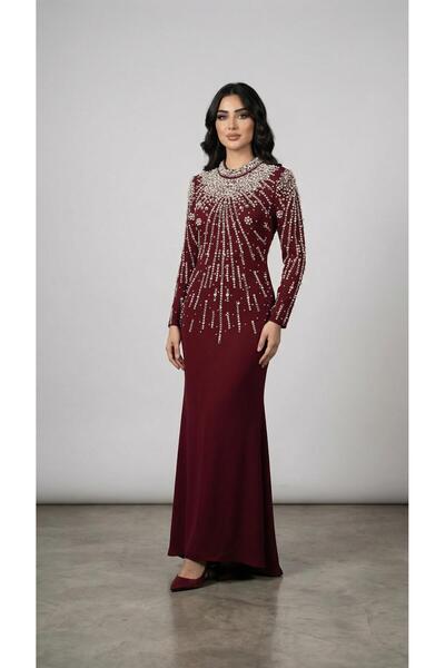 MİSS DİAMOND Burgundy Hijab Evening Dress with Pearl and Crystal Embroidery