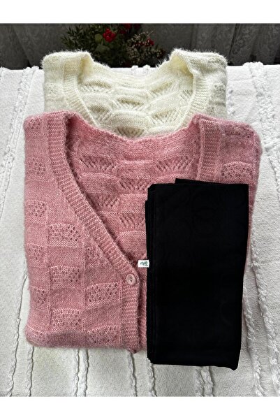 Mako Yumoş Textured Dowry Ecru and Dusty Rose Knitted Vest Black Scarf Set