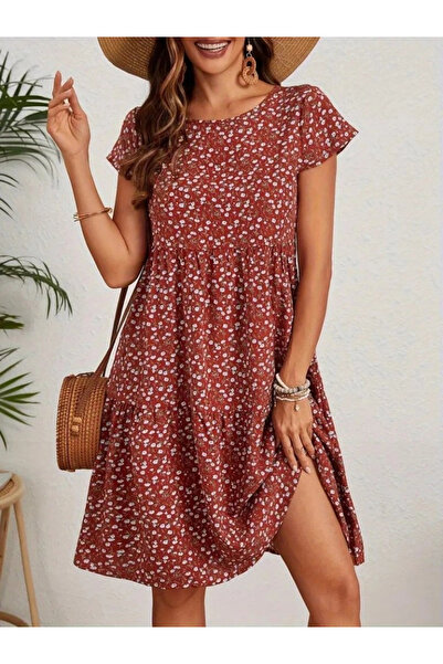 nedo7 Women's Short Sleeve Crew Neck Floral Pattern Single Jersey Dress