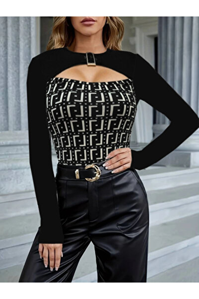 nedo7    Women's Long Sleeve Crew Neck Chest Cutout and Buckle Detail Diving ...