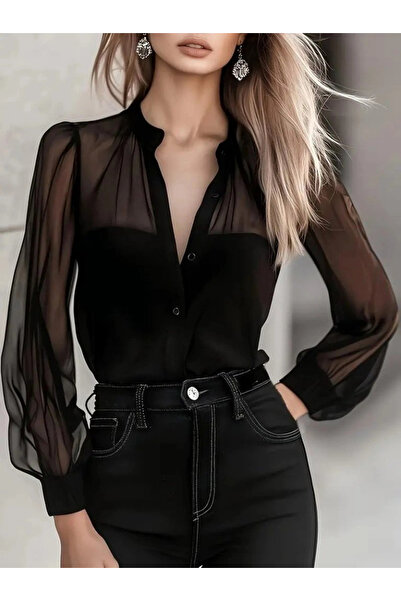 nedo7 Women's Long Sleeve Court Collar Buttoned Front Tulle Detailed Trikoton...