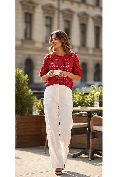 FOMERA TREND Bisiklet Yaka Delikli Örgü Triko - Canlı Kırmızı