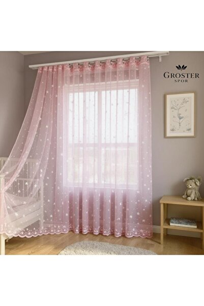 GROSTER SPOR Pembe Yıldızlı Kız Çocuk Odası Tül - 1/3 Sık Pileli - Bebek Odas...
