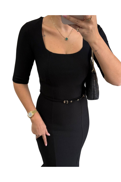 MORE MOSS Women's Belted Square Neck Maxi Short Sleeve Dress