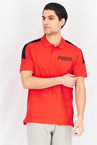 Puma قميص بولو رياضي رجالي بأكمام قصيرة وقصة عادية، أحمر