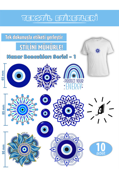 AGG Reklam Ütü ile Yapışan Kıyafet Etiketi Nazar Boncukları Serisi -1 10Lu Set