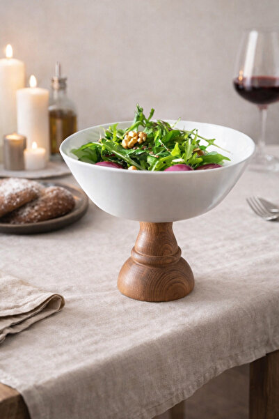 KaiHome Arietta 23 cm White Presentation Plate with Wooden Legs, Fruit Bowl, ...