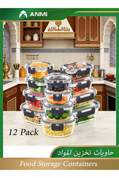 Anmi 12 Pack Glass Food Storage Containers with Lids, Lunch Box Microwave, Fr...
