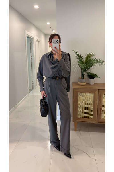 BİRCANÇİL Wenkros Gray Shawl Detailed Shirt and Pants Set