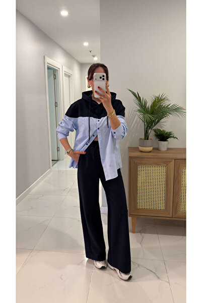 BİRCANÇİL طقم بنطلون قميص تشوني باللون الأزرق الداكن بقطع قماش مخيطة معاً