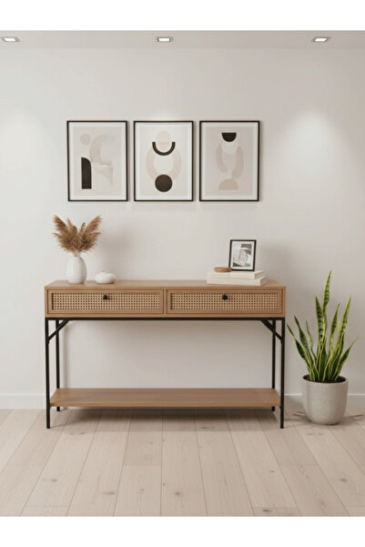 BEC13 طاولة كونسول مودرن بأدراج راتان وهيكل معدني