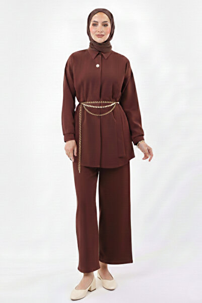 benguen Brooch Detailed Hijab Double Set N7178 Brown