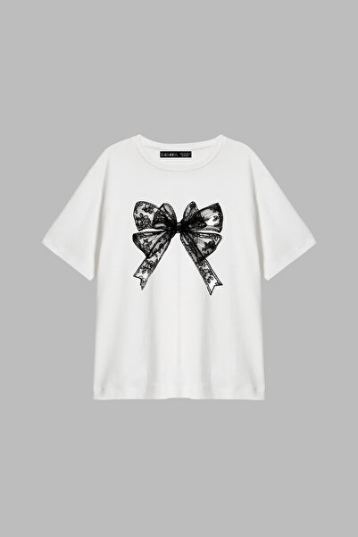 Bak Moda Lace V2 Ribbon με τύπωμα χαλαρή εφαρμογή Λευκό γυναικείο μπλουζάκι