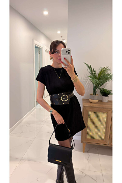 BİRCANÇİL Черна рокля с колан от кадифе Lerasta с детайл на колана