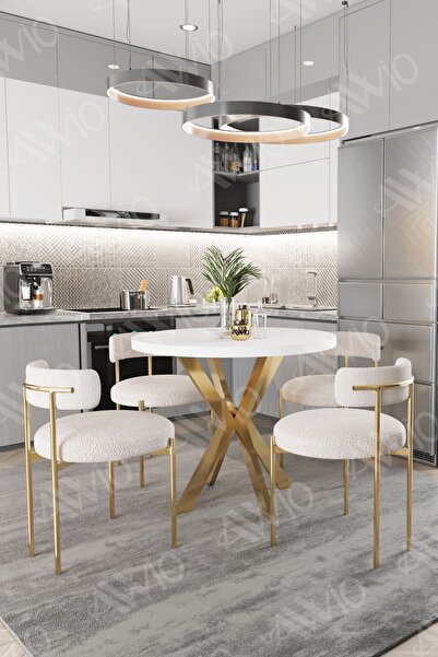 ah assel home LEA MAT GOLD Ayak 4'lü Teddy Sandalye 90X90 Masa Sandalye Takımı