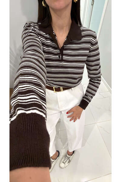 BİRCANÇİL Tricotaj cu guler polo cu dungi alb maro închis MD Medra