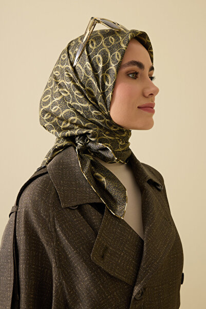 Imannoor Dokuma Noor Haki Tivil İpek Eşarp 90x90