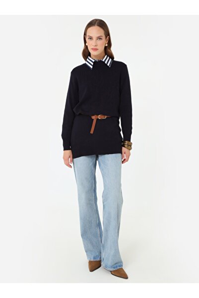 Refka Crew Neck Long Knit Tunic - Black -