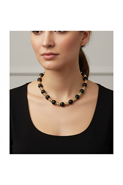 Zeina Jewelry bijoux ZEİNA Premium Siyah Oniks Taşlı Gold Detaylı Paslanmaz Ç...