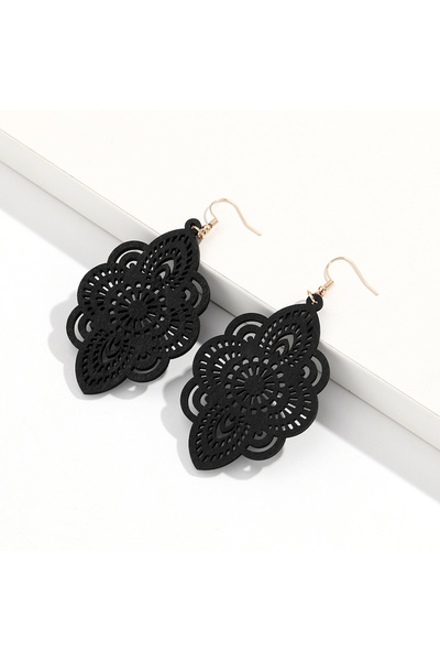 Choice black Vintage Wooden Carved Flower Skeleton Pattern Dangle Earrings Ti...