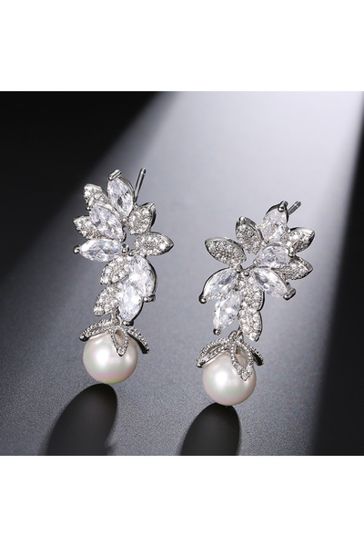 Choice White ZAKOL Luxury AAA Cubic Zirconia Pearl Drop Earrings Elegant Leaf...