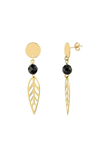 Minimal Kolye 14 Ayar Altın Yaprak Detaylı Siyah Oniks Sallantılı Küpe