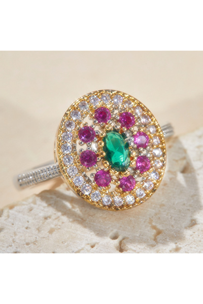 Choice خاتم بوهيمي ذهبي ثنائي اللون مرصع بالزركونيا المكعبة الحمراء، خاتم فضي...