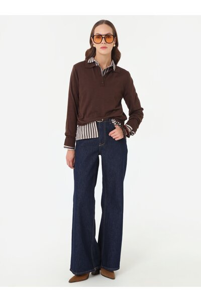 Refka Half Placket Shirt Collar Basic Knit Sweater - Brown -