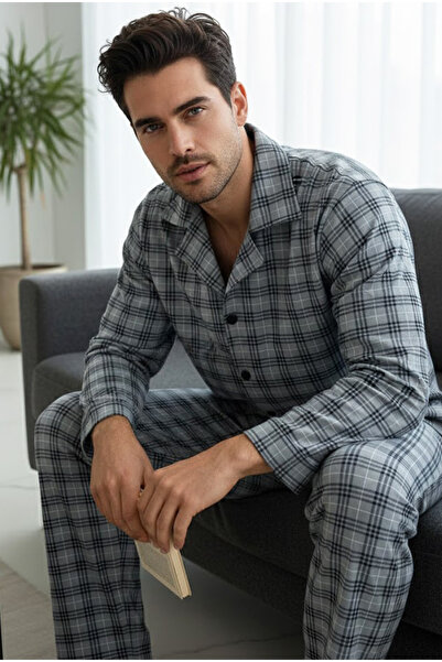 Siyah İnci Set de pijamale cu bumbac 100% nasturi în carouri albastre din mat...