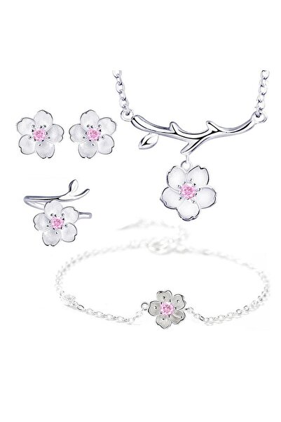 Choice Pink 4 pcs set Elegant Pink Cherry Blossom Flower Cubic Zirconia Jewel...