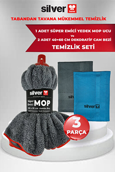 SİLVER HOME Ekstra Kalın Büyük Jumbo Mop Ucu 265 GSM + 2 Adet Cam Bezi Temizl...