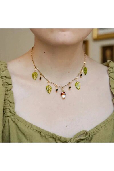 Choice قلادة أنيقة بتصميم فطر وأوراق شجر مصنوعة من سبيكة زجاجية بألوان متنوعة...