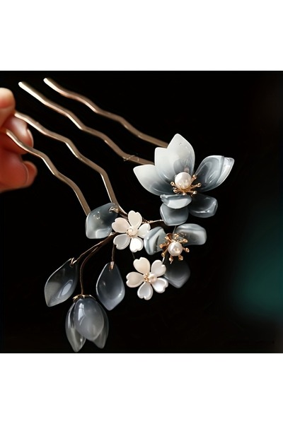 Choice Dark Gray New Chinese Style Glazed Peony Flower U-shaped Round Hair Ha...